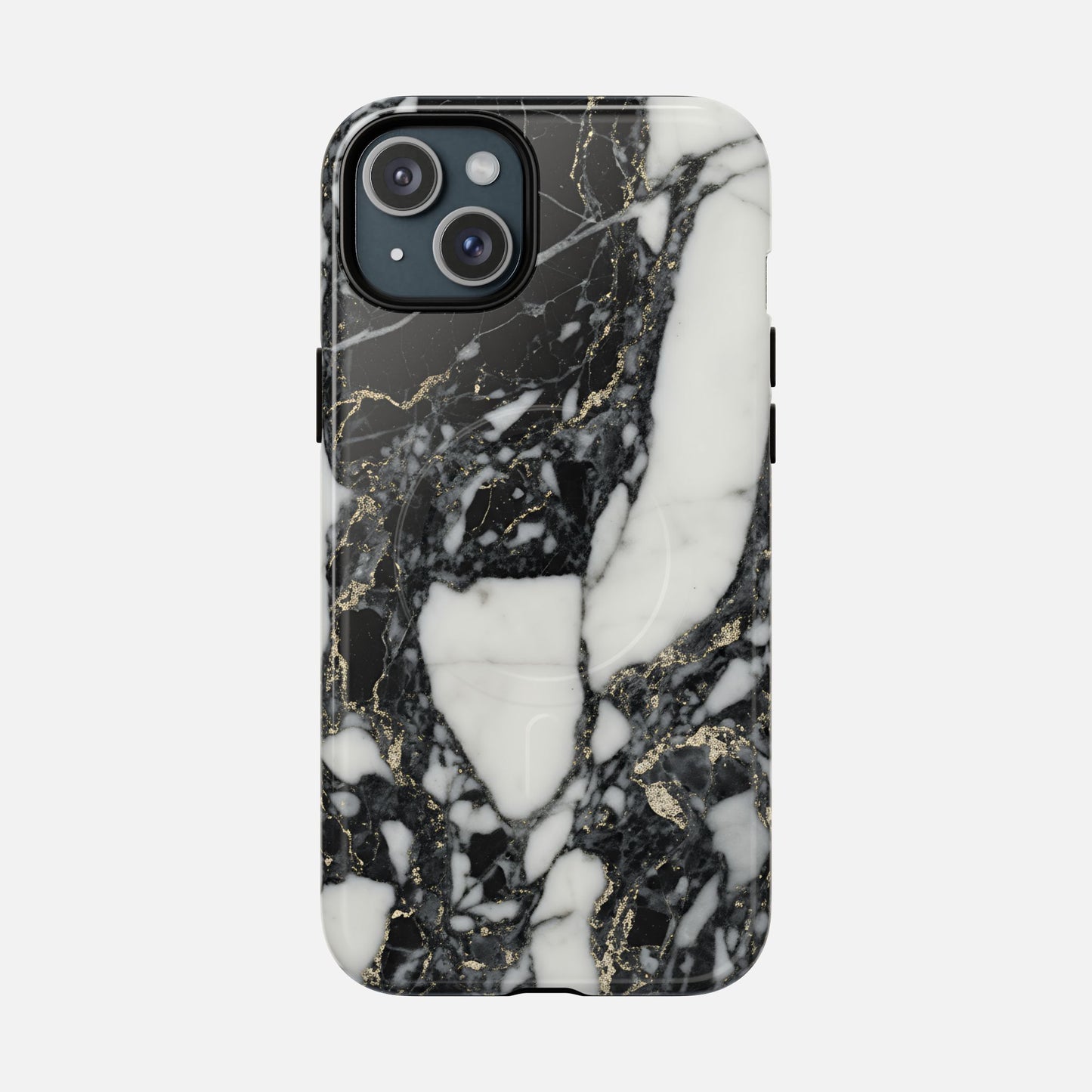 Black and white marble phone case with gold vein pattern on smartphone