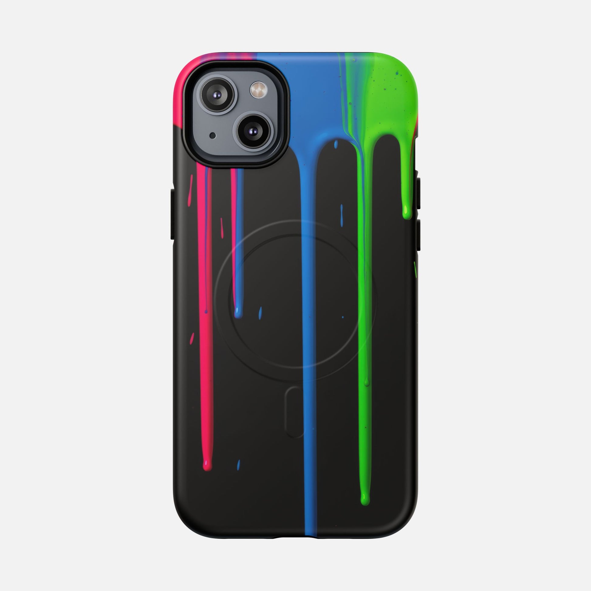 Neon Drip Tough Magnetic Case – Black Phone Cover with Bright Pink, Blue & Green Paint Drips iPhone 14 Plus Matte Phone Case