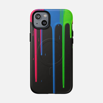 Neon Drip Tough Magnetic Case – Black Phone Cover with Bright Pink, Blue & Green Paint Drips iPhone 14 Plus Matte Phone Case