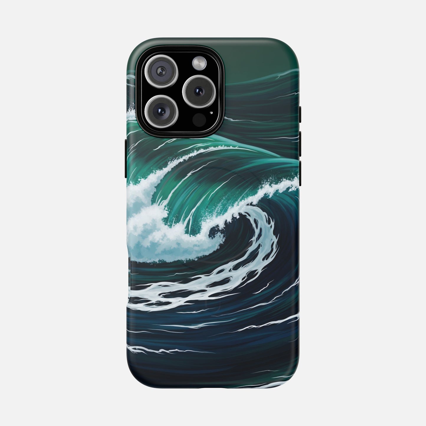 Ocean wave phone case with vibrant teal and white surf design for iPhone Pro