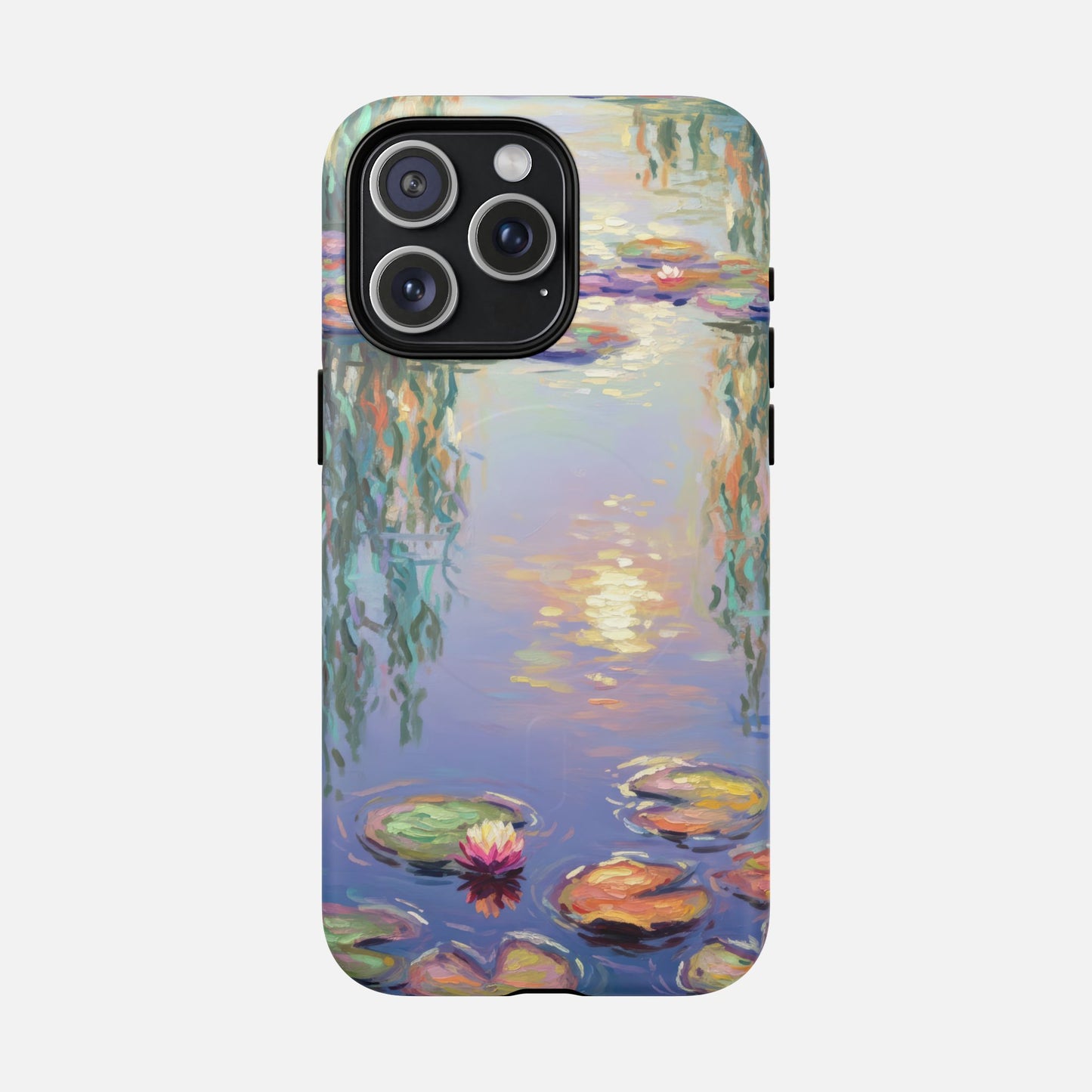 iPhone case with Monet-style water lily pond art, colorful impressionist design for phone protection