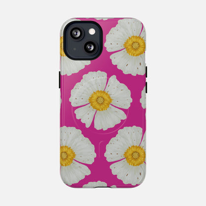 Vibrant pink phone case with white daisy flowers and yellow centers, stylish floral design for iPhone