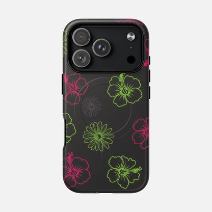 Neon Hibiscus Tough Magnetic Phone Case — Tropical Floral Protective Cover iPhone 17 Pro Matte Phone Case