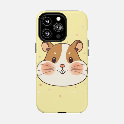 Cute hamster face phone case with pastel polka dots, perfect for iPhone protection and style.