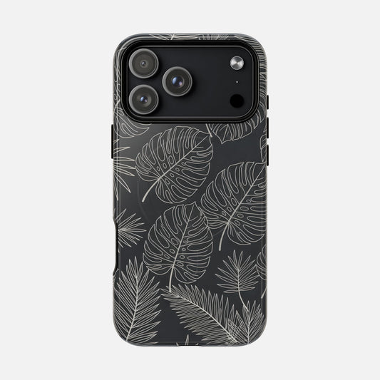 Tropical Leaf Tough Magnetic Phone Case — Black Monstera Pattern iPhone 17 Pro Max Glossy Phone Case