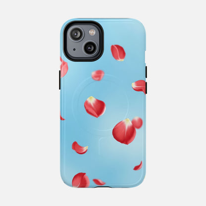 Light blue phone case with floating red rose petals, modern floral design for iPhone