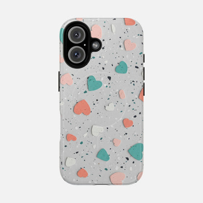Heart Confetti Tough Magnetic Phone Case — Colorful Terrazzo Love Design iPhone 16 Glossy Phone Case
