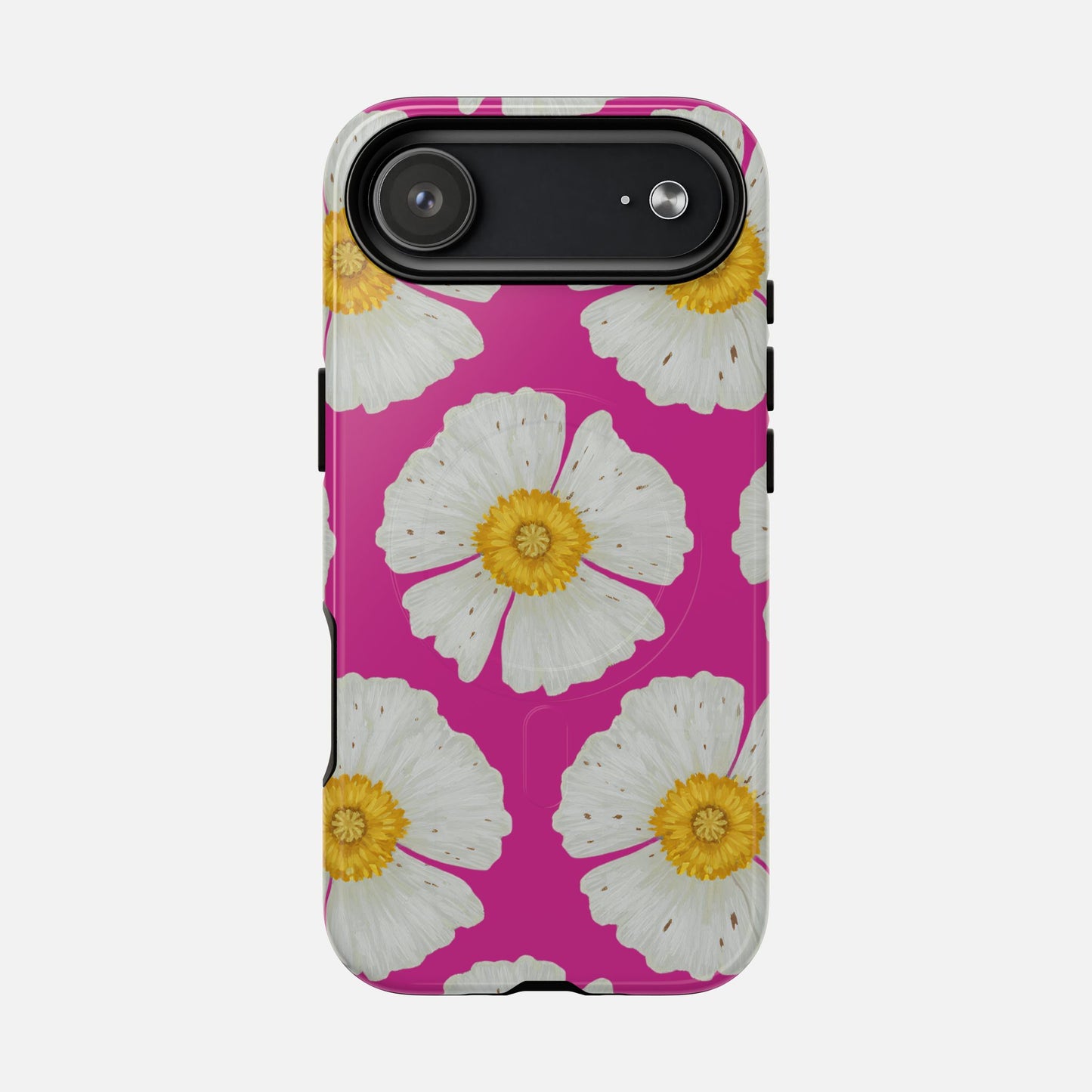 Vibrant pink phone case with white daisy flowers and yellow centers, stylish floral design for iPhone