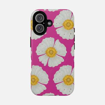 Vibrant pink phone case with white daisy flowers and yellow centers, stylish floral design for iPhone.