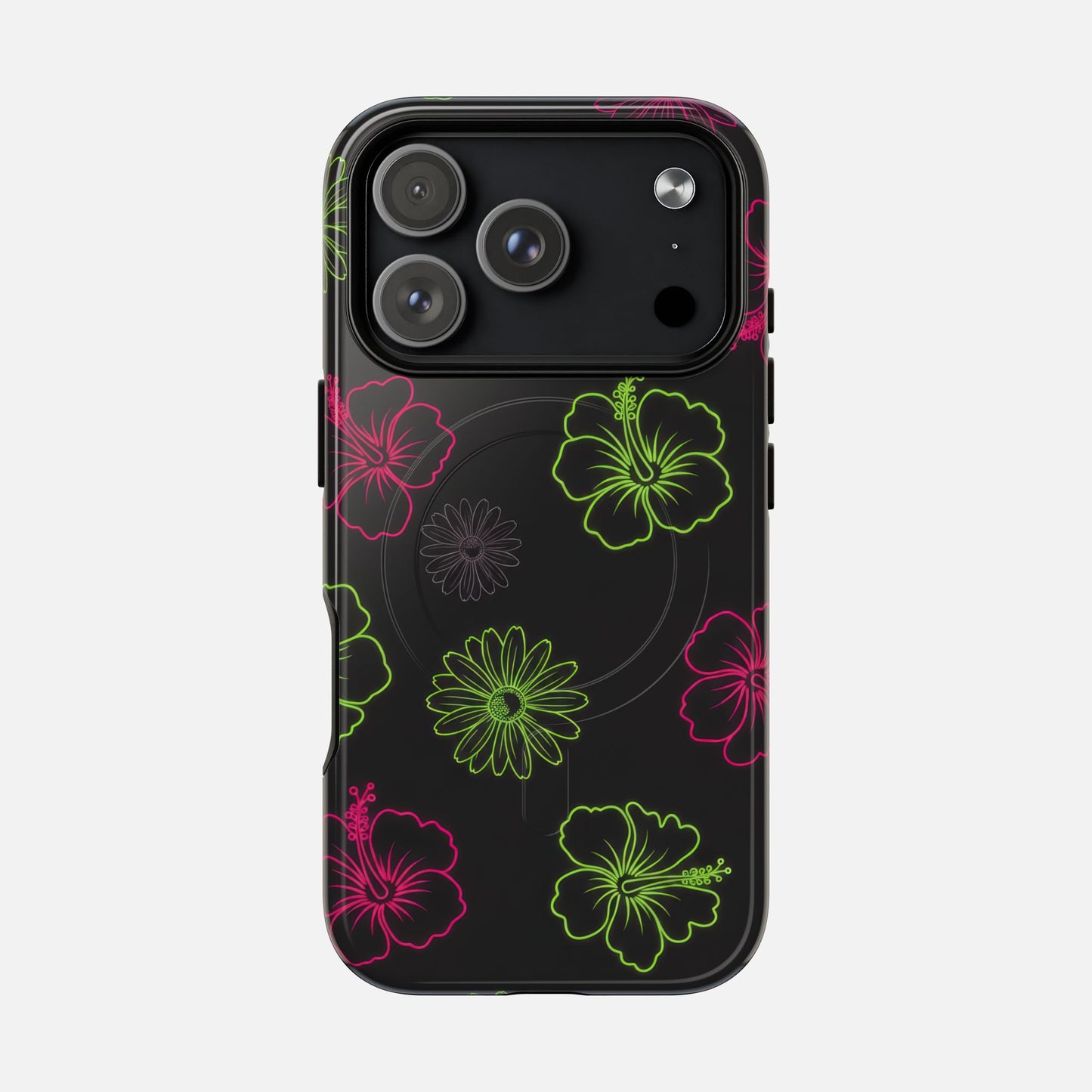 Neon Hibiscus Tough Magnetic Phone Case — Tropical Floral Protective Cover iPhone 17 Pro Glossy Phone Case