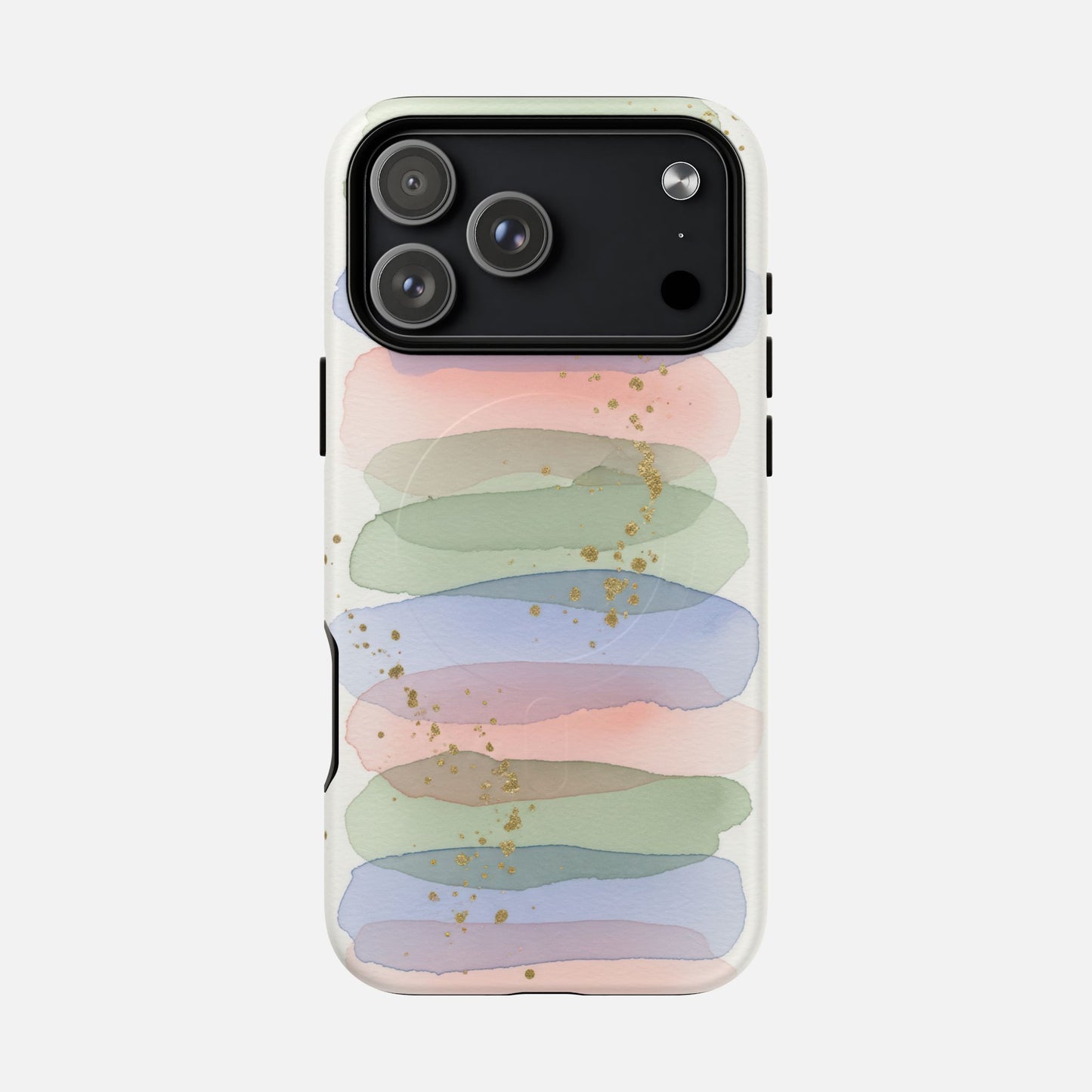 Pastel watercolor phone case with gold speckles, soft abstract design for iPhone