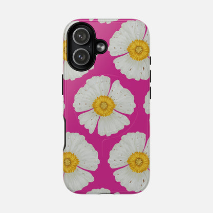 Vibrant pink phone case with white daisy flowers and yellow centers, stylish floral design for iPhone