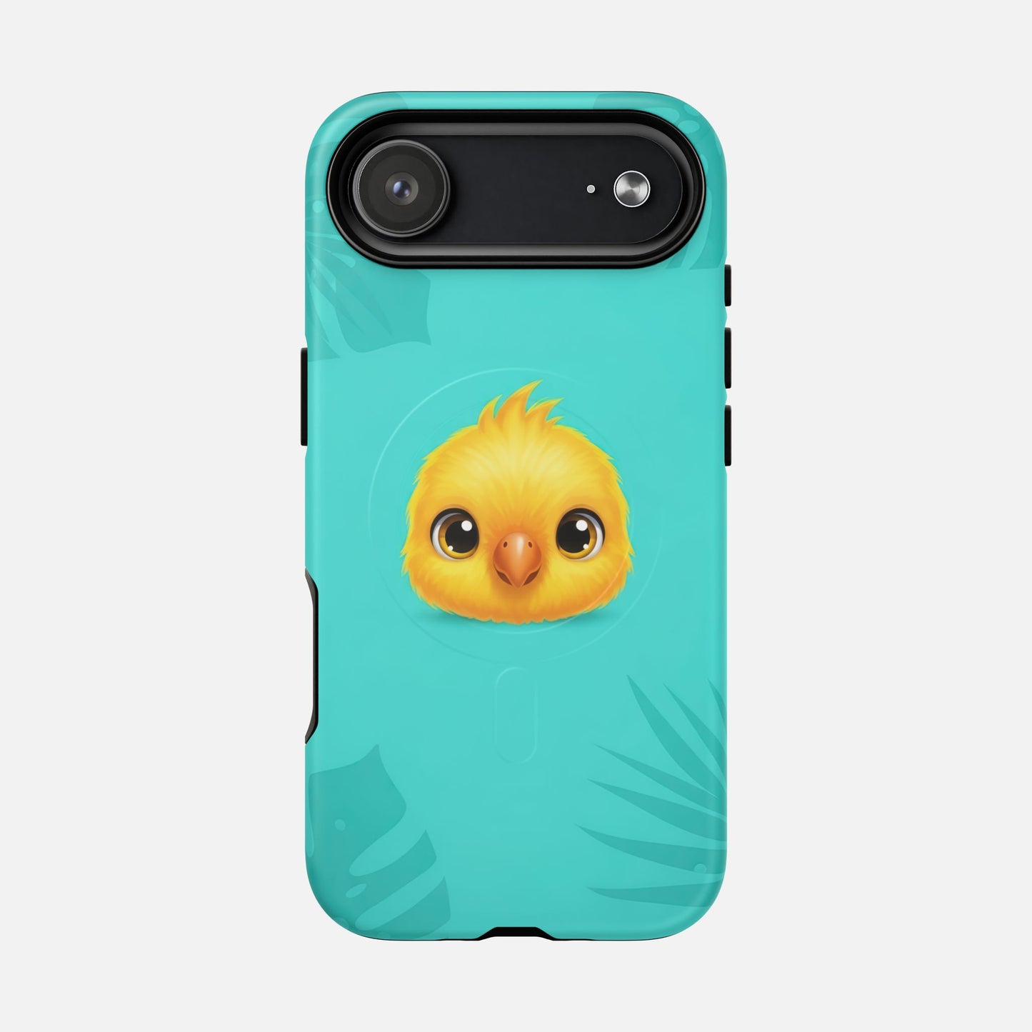 Cute yellow chick phone case with tropical leaves on teal background, creative design for iPhone