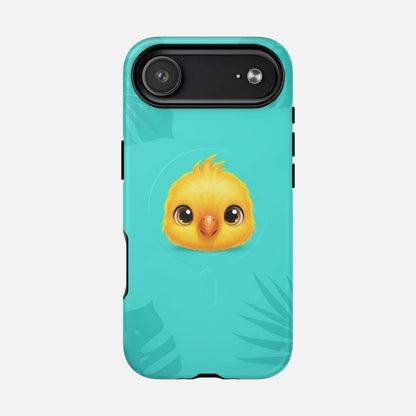 Cute yellow chick phone case with tropical leaves on teal background, creative design for iPhone