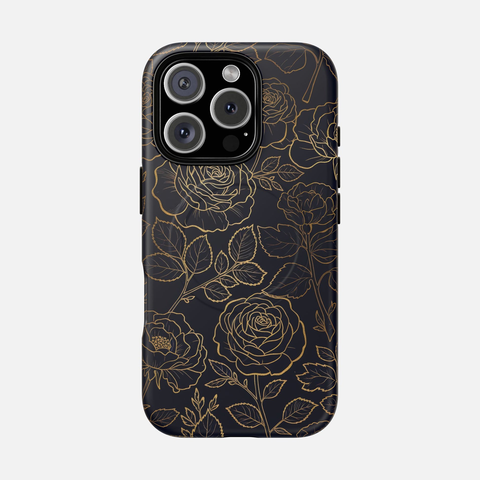 Floral Gold Outline Tough Magnetic Case — Elegant Black Rose Phone Cover iPhone 16 Pro Matte Phone Case