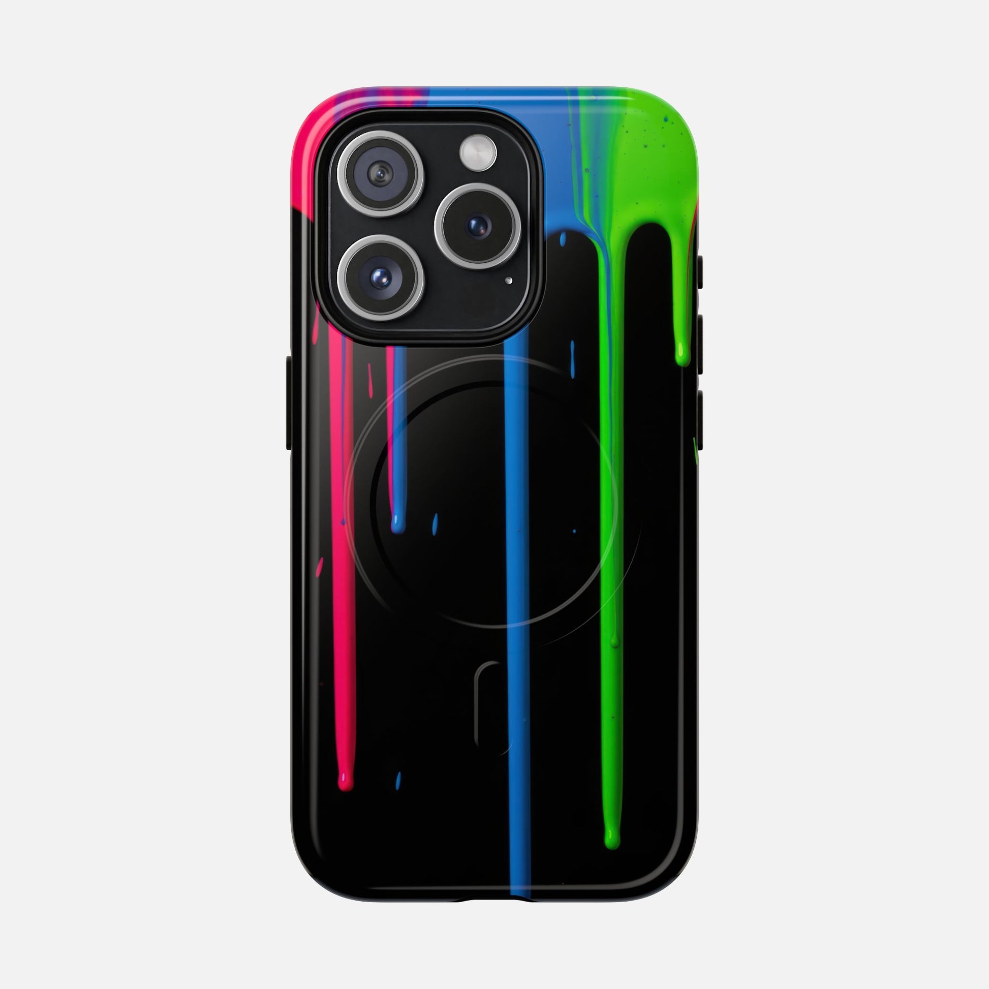 Neon Drip Tough Magnetic Case – Black Phone Cover with Bright Pink, Blue & Green Paint Drips iPhone 15 Pro Glossy Phone Case