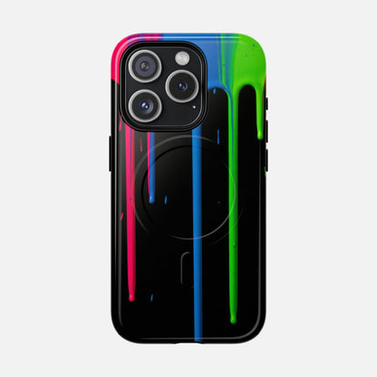 Neon Drip Tough Magnetic Case – Black Phone Cover with Bright Pink, Blue & Green Paint Drips iPhone 15 Pro Glossy Phone Case