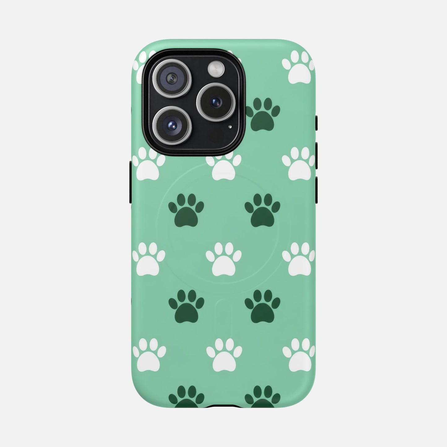 Mint green phone case with white and dark green paw print pattern, compatible with iPhone Pro models