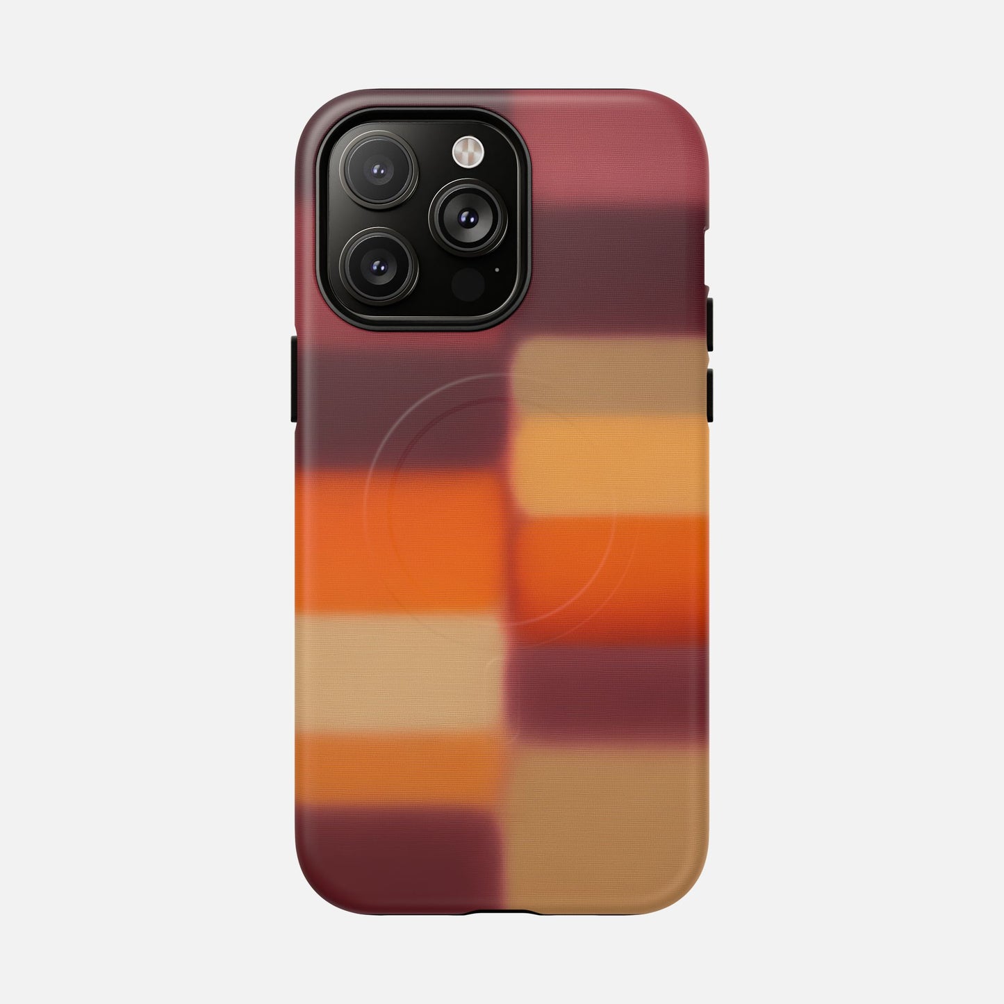 iPhone case with modern gradient plaid design in warm red, orange, and tan tones