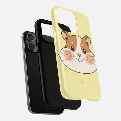 Cute hamster phone case with pastel yellow background and polka dots, fits iPhone models