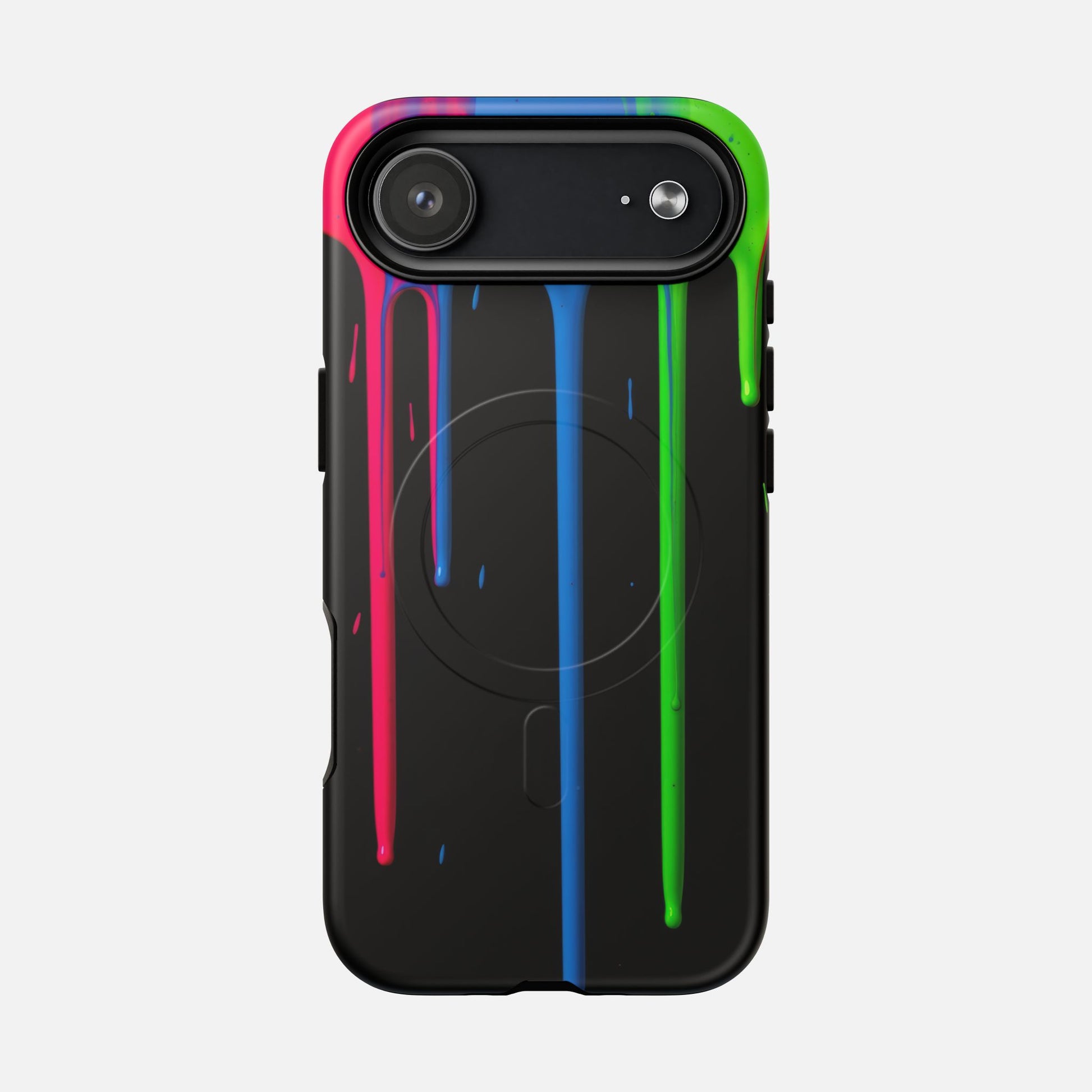 Neon Drip Tough Magnetic Case – Black Phone Cover with Bright Pink, Blue & Green Paint Drips iPhone 17 Air Matte Phone Case
