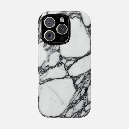White marble phone case with black veins, modern protective smartphone cover