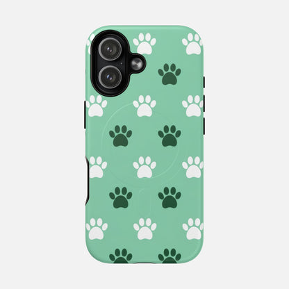 Mint green phone case with white and dark green paw print pattern, stylish pet-themed design