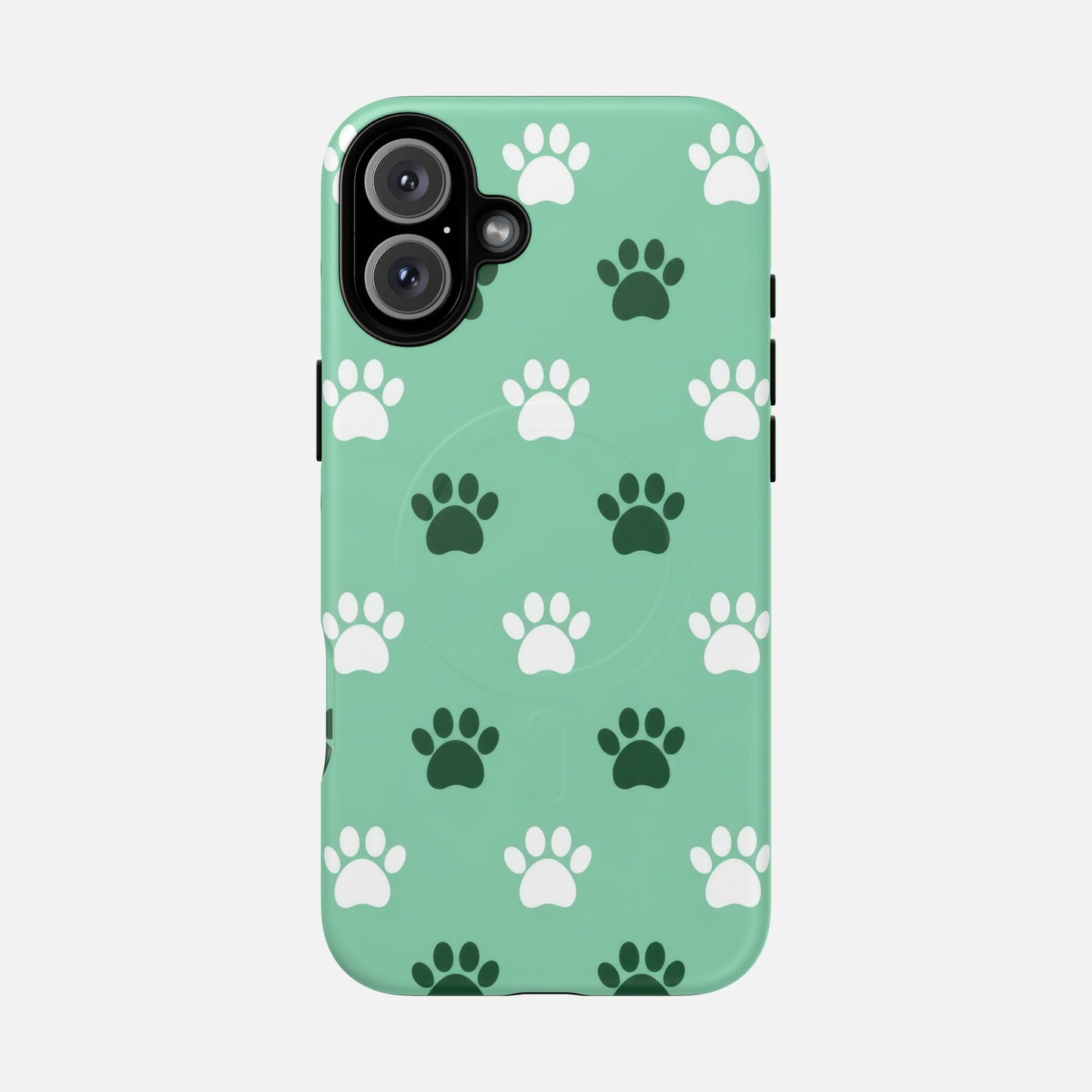 Mint green phone case with white and dark green paw print pattern, stylish pet-themed design