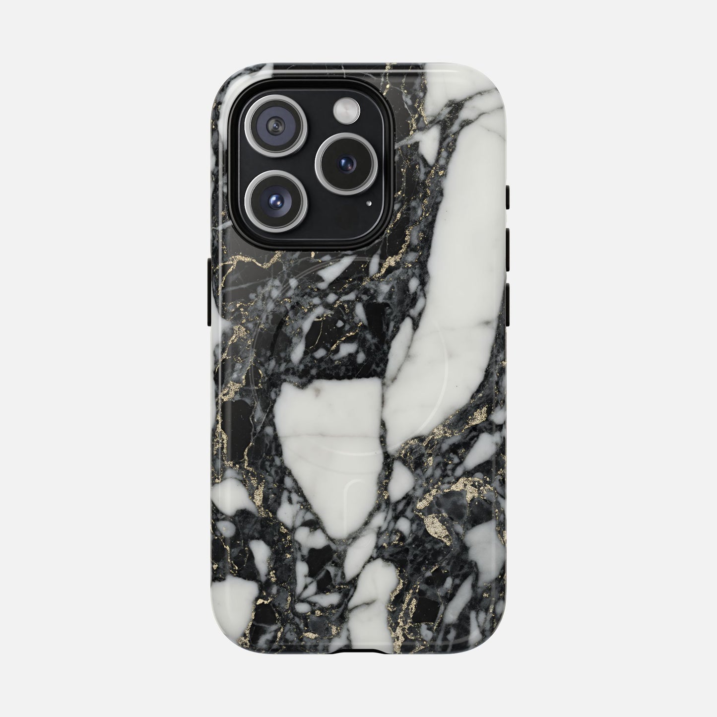 Black and white marble pattern phone case with gold accents, modern protective design