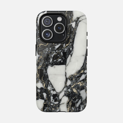 Black and white marble pattern phone case with gold accents, modern protective design
