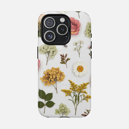 Floral Pressed Flower Tough Magnetic Phone Case — Botanical Dried Flowers Design iPhone 15 Pro Glossy Phone Case