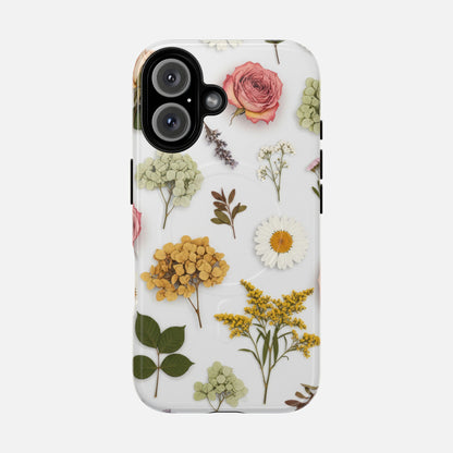 Floral Pressed Flower Tough Magnetic Phone Case — Botanical Dried Flowers Design iPhone 16 Glossy Phone Case