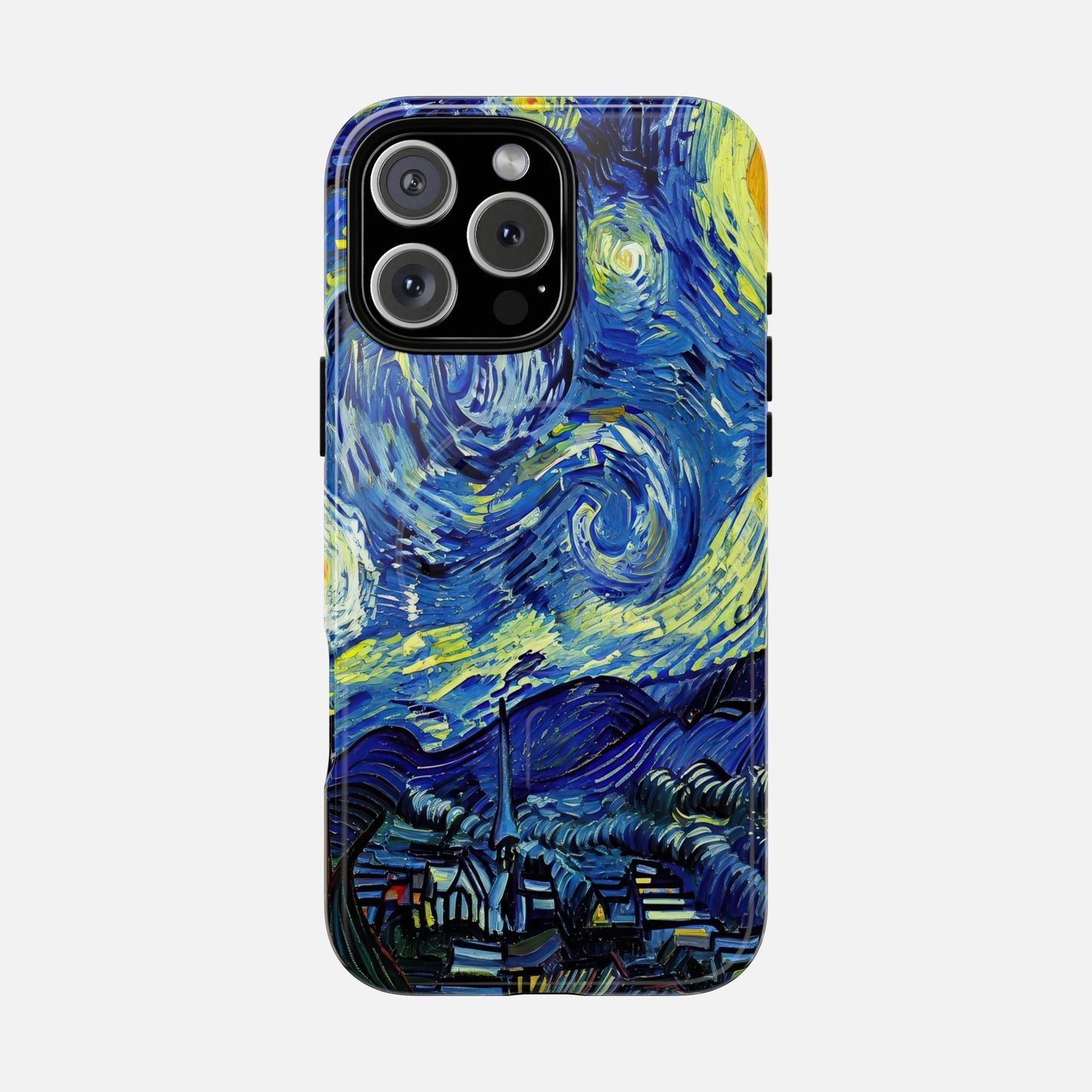 iPhone case with Van Gogh's Starry Night artwork, vibrant blue and yellow swirls, creative phone protection design