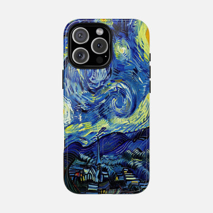 iPhone case with Van Gogh's Starry Night artwork, vibrant blue and yellow swirls, creative phone protection design