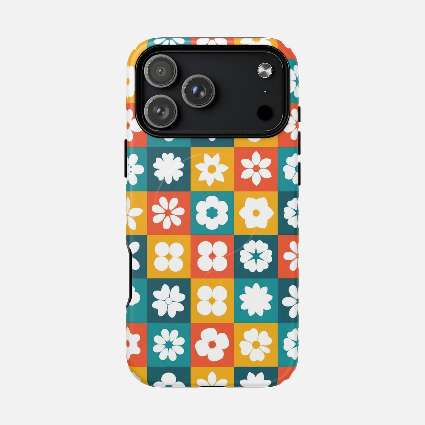 Floral Checkerboard Retro Color Block iPhone Case — Tough Magnetic | MagSafe Compatible