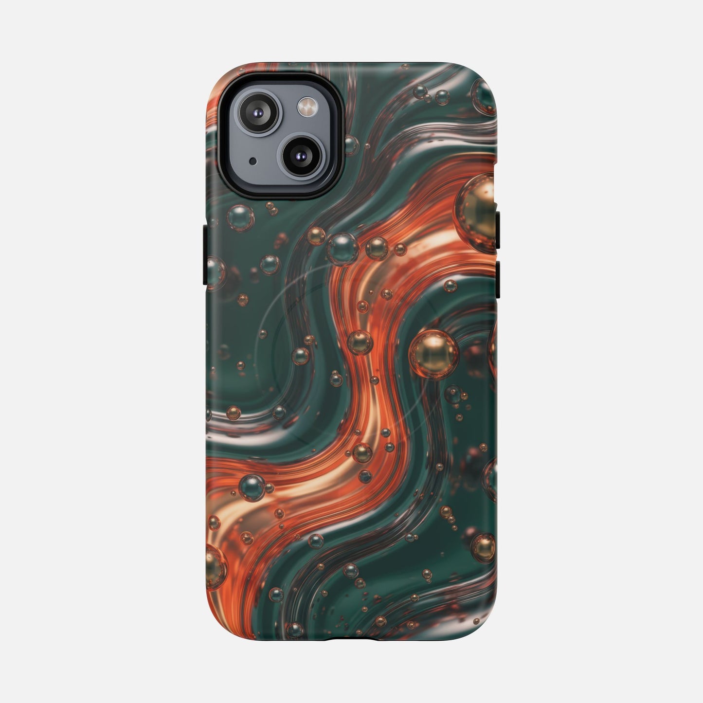 Emerald & Copper Liquid Swirl iPhone Case — Tough Magnetic | MagSafe Compatible