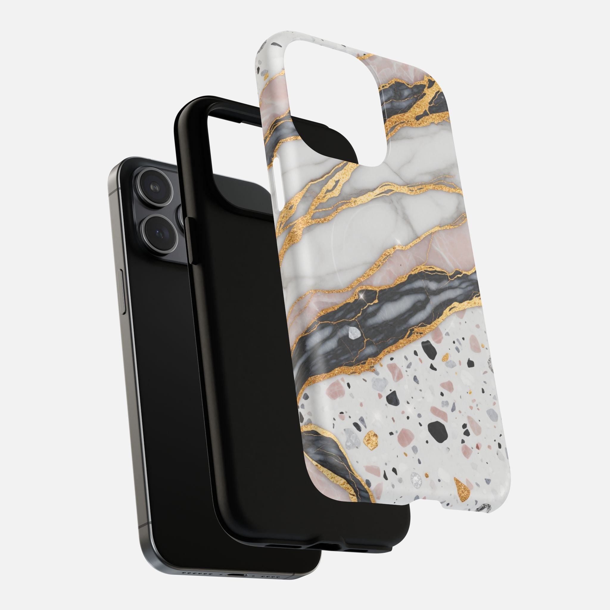 Elegant marble and gold phone case with terrazzo design, fits iPhone models, stylish protective cover