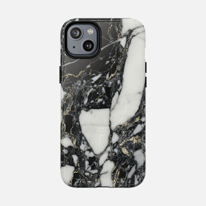 Black and white marble phone case with gold veining, modern protective design