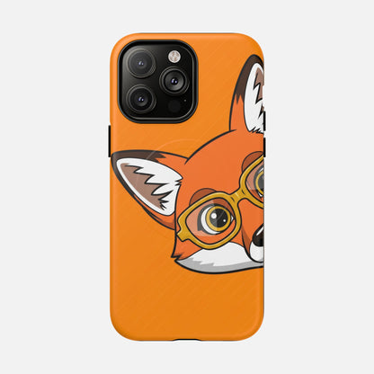 Cute fox with glasses phone case, orange background, creative design for iPhone