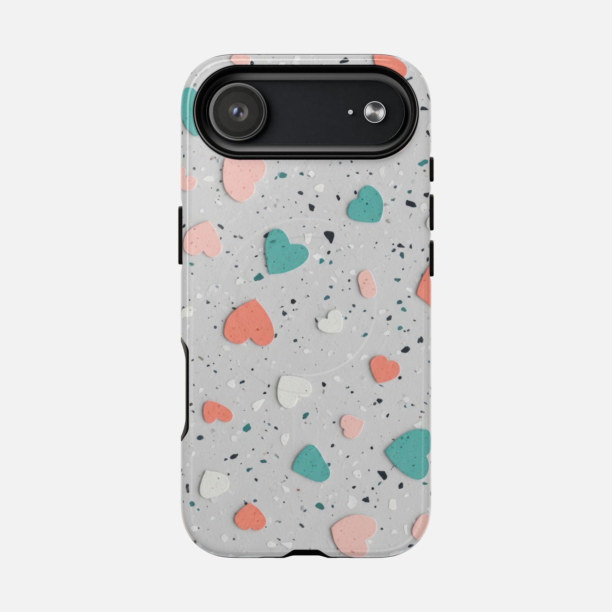 Heart Confetti Tough Magnetic Phone Case — Colorful Terrazzo Love Design iPhone 17 Air Glossy Phone Case