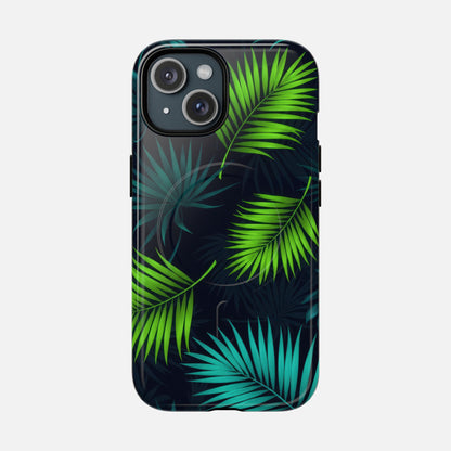 Tropical Palm Tough Magnetic Phone Case — Protective Magnetic iPhone Cover with Green Leaf Design iPhone 15 Glossy Phone Case