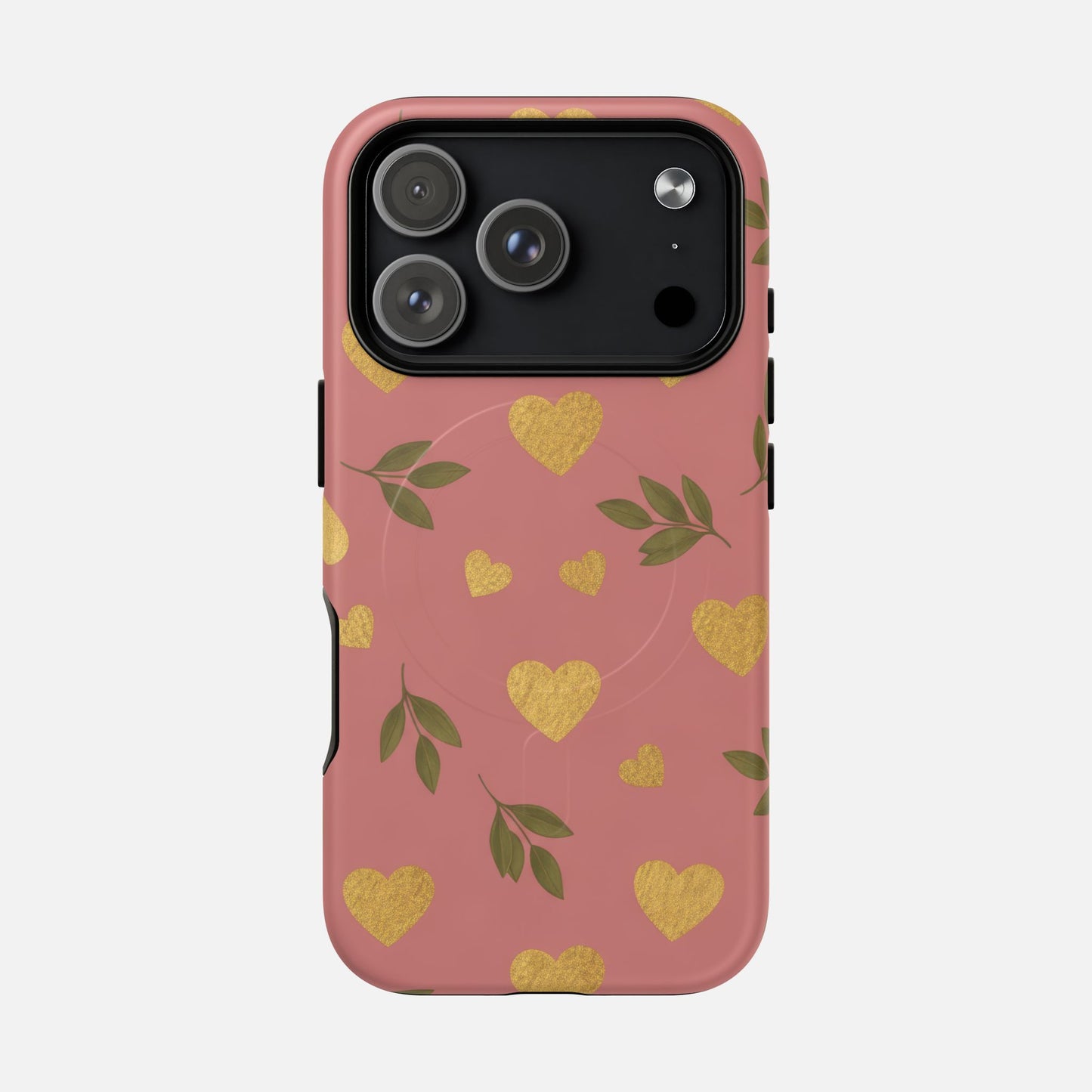 Pink phone case with gold hearts and green leaves, stylish protective cover for iPhone