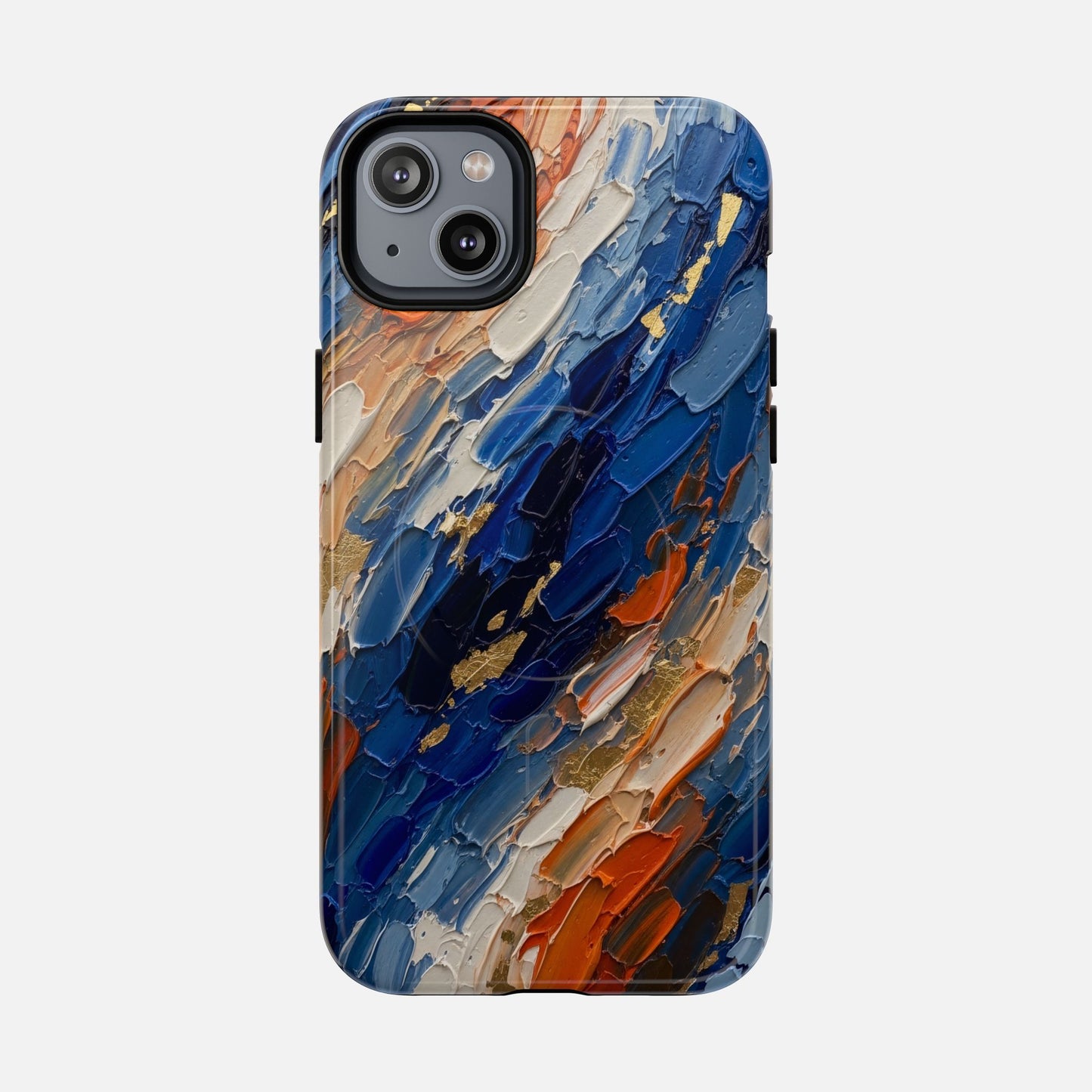 Magnetic Phone Case — Abstract Blue & Orange Paint Texture iPhone 14 Plus Glossy Phone Case