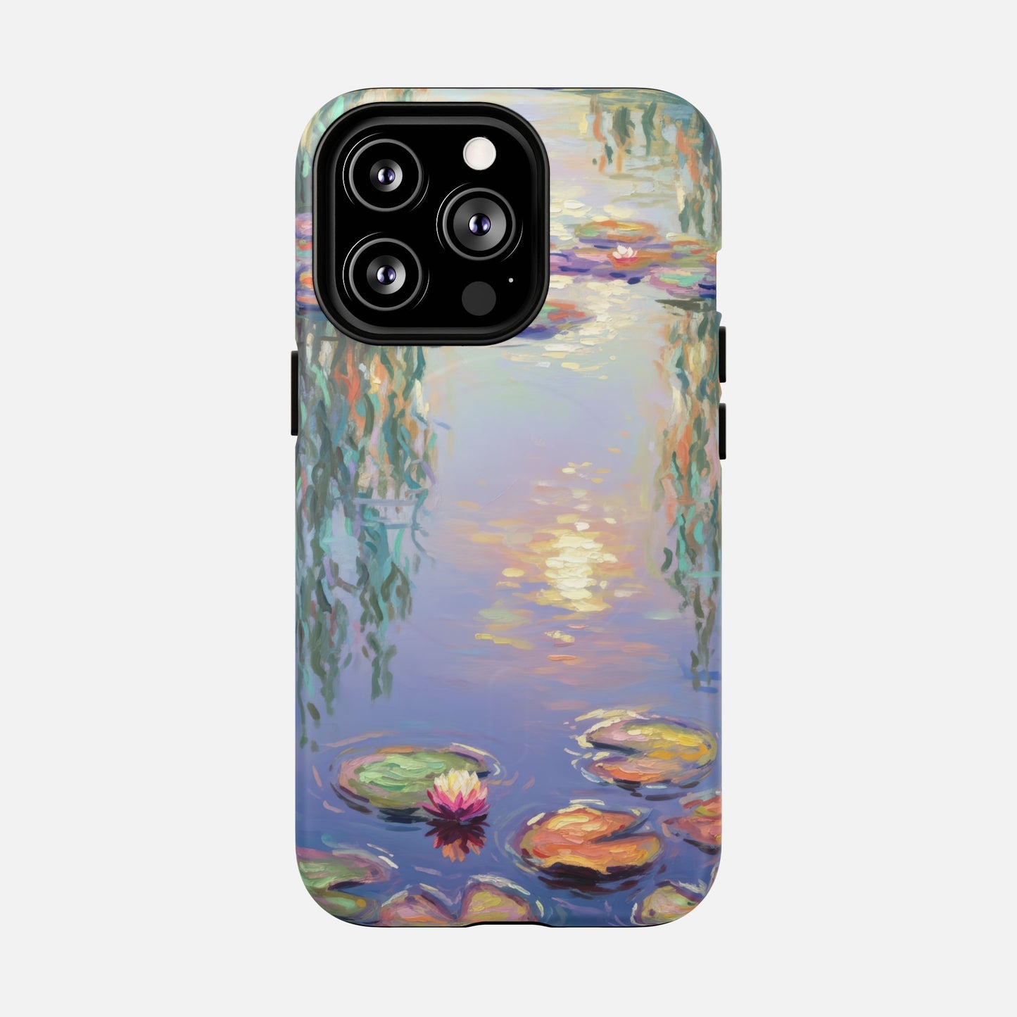 iPhone case with Monet-style water lily pond painting, artistic phone cover design