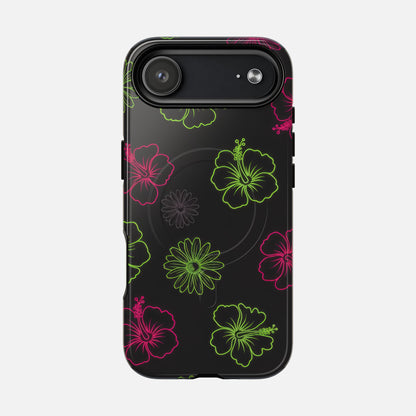 Neon Hibiscus Tough Magnetic Phone Case — Tropical Floral Protective Cover iPhone 17 Air Glossy Phone Case