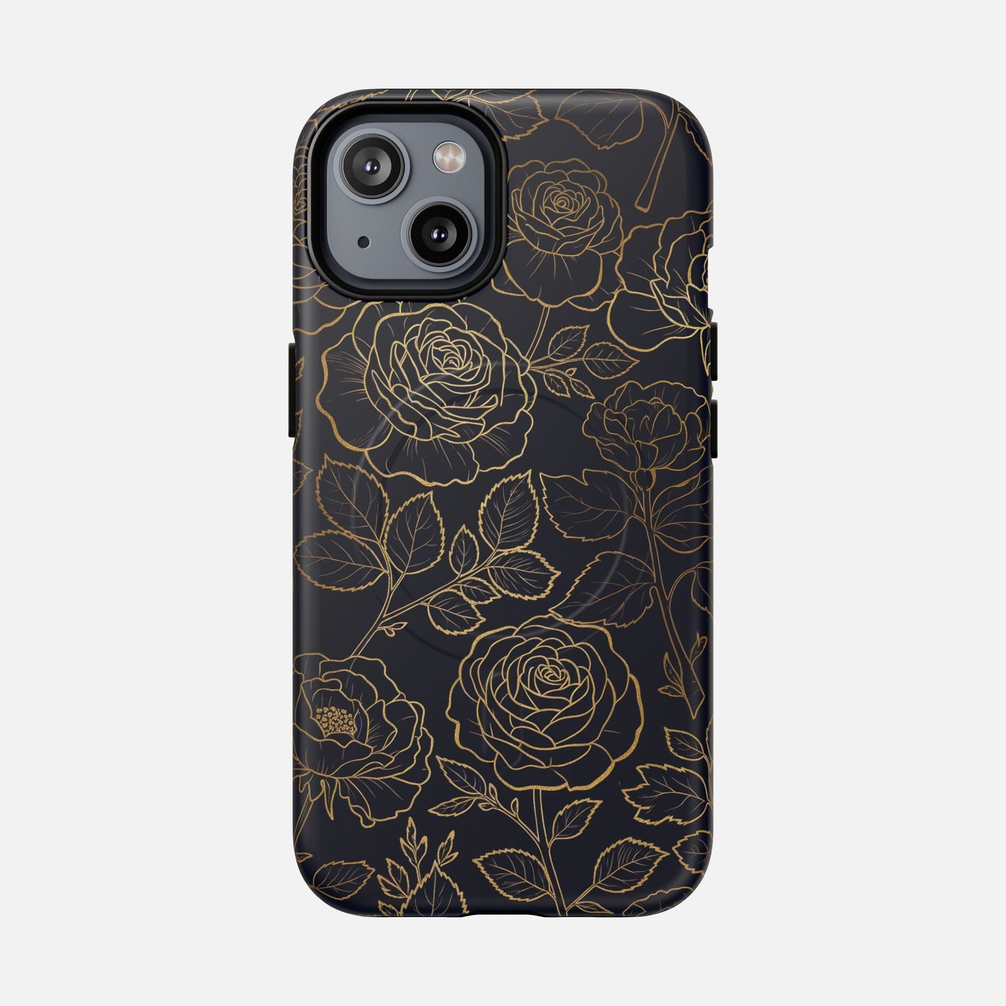Floral Gold Outline Tough Magnetic Case — Elegant Black Rose Phone Cover iPhone 14 Matte Phone Case