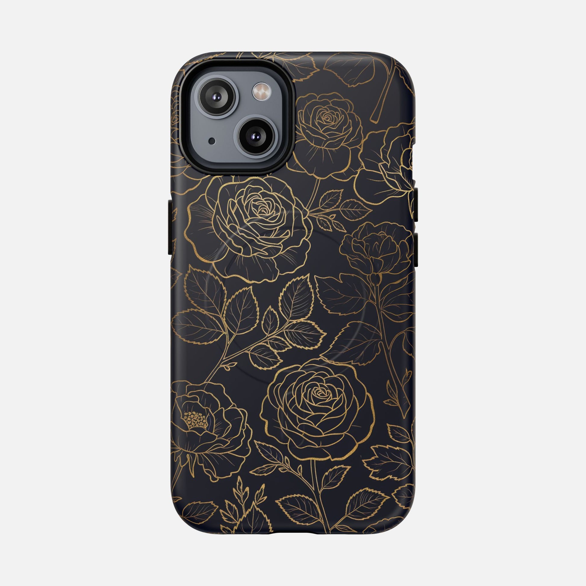 Floral Gold Outline Tough Magnetic Case — Elegant Black Rose Phone Cover iPhone 14 Matte Phone Case