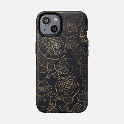 Floral Gold Outline Tough Magnetic Case — Elegant Black Rose Phone Cover iPhone 14 Matte Phone Case