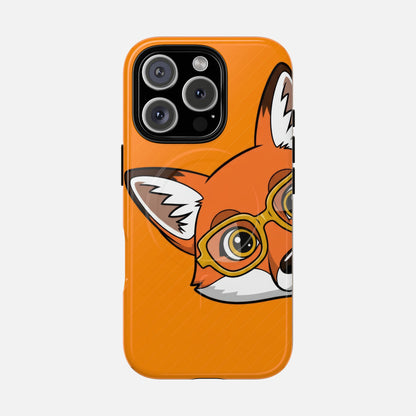 Cute fox wearing glasses phone case with orange background, creative design for iPhone