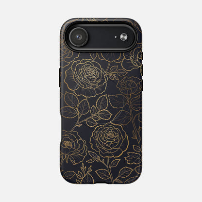 Floral Gold Outline Tough Magnetic Case — Elegant Black Rose Phone Cover iPhone 17 Air Matte Phone Case